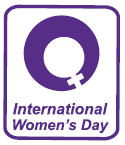 The female symbol (a ring with a cross-like appendage) is displayed with the words "international women's day"