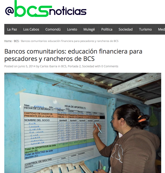 A screenshot of the BCS Noticias website featuring an article entitled "Bancos comunitarios: educación financiera para pescadores y rancheros de BCS."