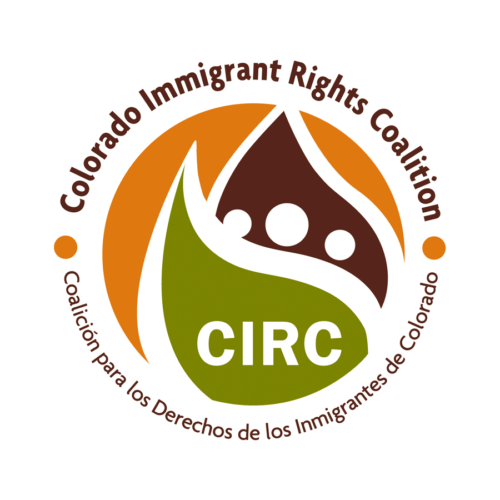 the CIRC (Colorado Immigrant Rights Coalition) logo featuring an green teardrop shape overlapping a brown one. It is on an orange background with the full name of the organization in English at the top and Spanish at the bottom.