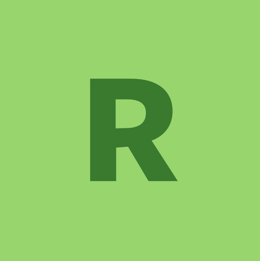 A dark green R on a light green background