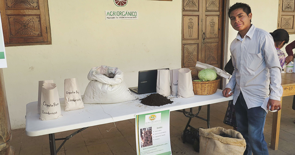 :A man stands in front of a white folding table displaying dirt, woven sacks, a basket, and a head of lettuce.