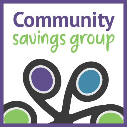 part of philanthropiece's colorful wheel logo with the words "community savings group"