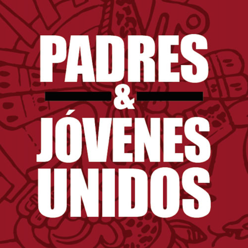 The Padres y Jóvenes Logo features bold white text on a red background.