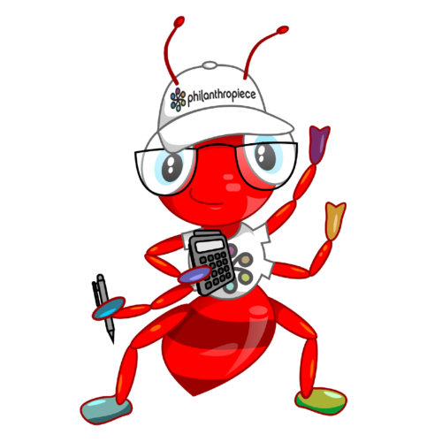 the Philanthropiece AC mascot: a red in in a white t-shirt and hat, calculator in hand