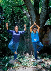 martha and martha stand outdoors, facing the camera and doing tree pose