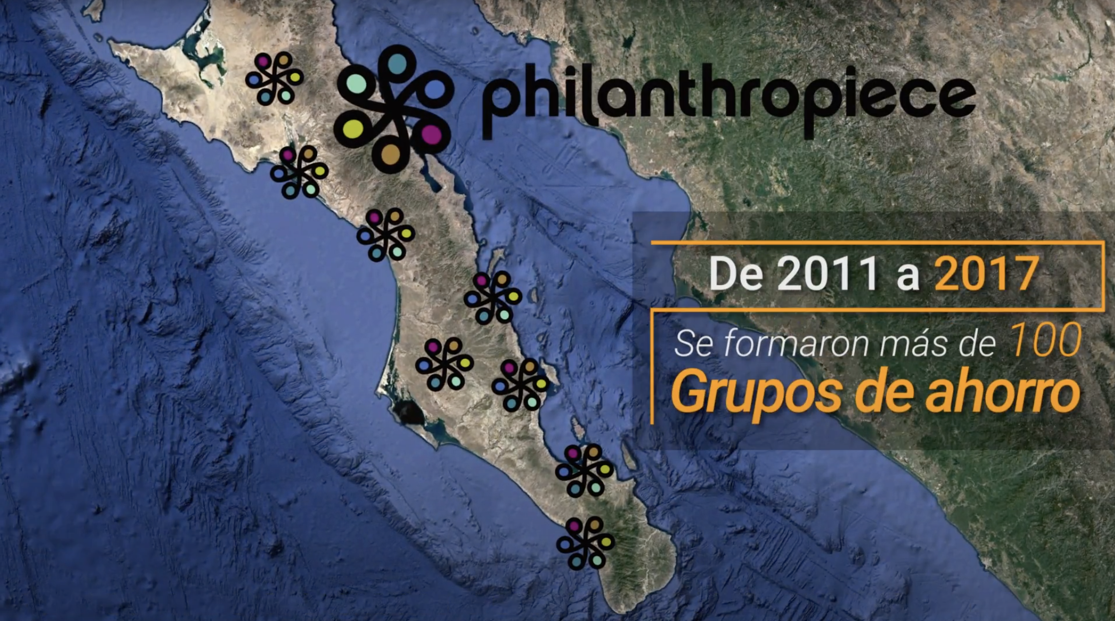 a map of baja california sur with philanthropiece logos and a text block that says 'de 2011 a 2017 se formaron mas de 100 grupos de ahorro'