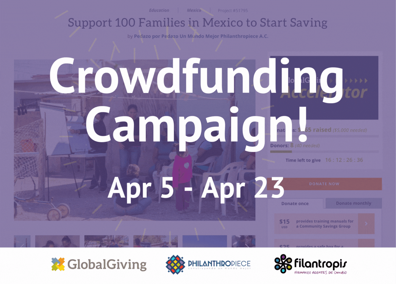 Text that says "Crowdfunding Camapgin Apr 5 - Apr 23" is accompanied by the GlobalGiving, Philanthropiece AC, and filantropis ONG logos.